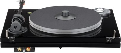 Music Hall MMF 7.3 sort hi-fi pladespiller, set ovenfra, mat sort pladetallerken, tonearm, pickup, tonearmsløfter