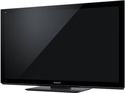 Panasonic TX-P42VT30E fladskærms-TV, sort rektangulær fladskærm, set forfra, placeret på en stand