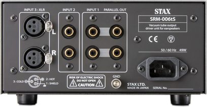 STAX SRM-006TS hovedtelefonforstærker, frontpanel i grå metallic med stik, knapper, indikatorer og skrifter