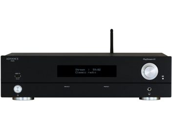 Stereo hi-fi zosilňovač Advance Paris PlayStream A1 čierny, predný pohľad, modrý displej "Stream > 59:02 Classic radio", tlačidlá