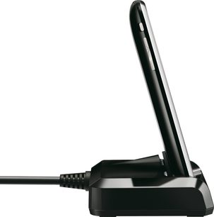 Onkyo UP-A1 sort dockingstation, set fra venstre side, rektangulær base, skrå lodret holder med konnektor
