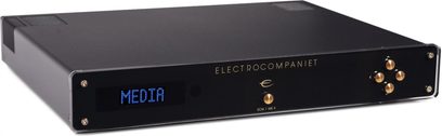 Electrocompaniet ECM 1 MKII sort netværksaudioafspiller, front med blå "MEDIA"-skærm, 4 forgyldte knapper til højre