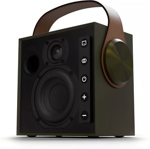Morel Biggie fekete kozmikus színű hordozható Bluetooth hangszóró háromnegyedes előlátás, matt fekete fém kubikus tokkal, amelybe woofer, tweeter, kör alakú hangszóró és gombos oszlop van integrálva, jobb oldalon széles fém kerékkel és barna bőr fogantyúval