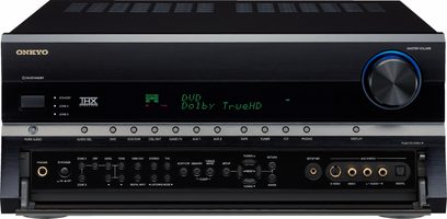 Onkyo TX-SR886 black audio/video amplifier, front panel with blue display, silver buttons and knobs