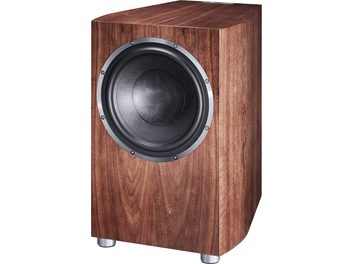 Heco Celan Revolution Sub 32 A subwoofer, walnoot behuizing, zwarte luidspreker, geborsteld aluminium frame, vooraanzicht