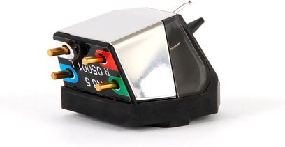 Giradischi Rega Nd5, vista laterale, corpo argentato, 4 pin dorati, etichette colorate, base nera