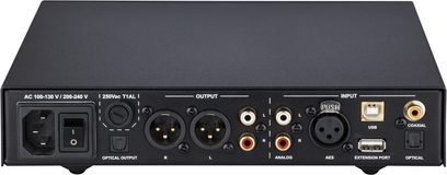 Nuprime DAC-9H sort audio-DAC-konverter, bagside, analoge og digitale audio-stik, kontakt, nærbillede