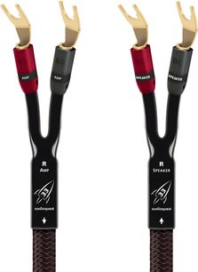 Audioquest Rocket 33 Lautsprecherkabel, schwarz-rot geflochtene Ummantelung, vergoldete Gabelschuhe AMP und SPEAKER, rot/grau markiert