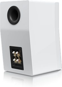 Bílá lakovaná knihovnická reprosoustava SVS Ultra Evolution Bookshelf, pohled zepředu, černý oválný reproduktor, svorkovnice se 4 konektory