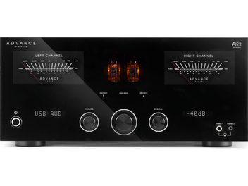 Advance Paris A12 Apex 30TH geïntegreerde hifi-versterker, vooraanzicht, zwarte glazen/acryl frontplaat, 2 VU-meters, 2 buizen, hoofdtelefoonaansluitingen