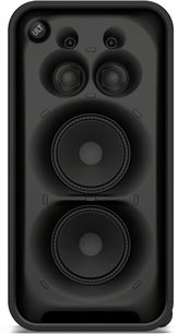 Bærbar svart Sony ULT TOWER MAX Bluetooth-høyttaler, sett forfra med to store sirkulære høyttalere