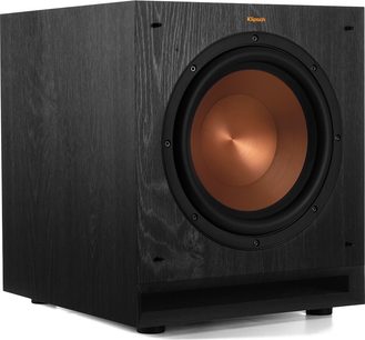 Klipsch SPL-100 subwoofer, set fra en vinkel, sort tekstureret kabinet, cirkulær kobberhøjttaler i midten, rektangulær port nederst