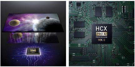 Procesador HCX Pro AI MK II sobre fondo de circuito impreso verde e imagen de planetas en el fondo
