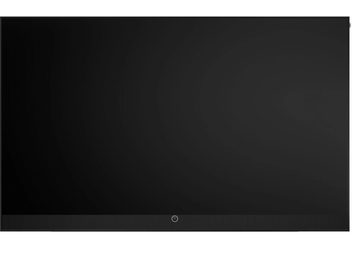 Loewe Stellar 97 DR+ Fernseher schwarz, Vorderansicht, mit flachem Bildschirm, schmalem Rand und integrierter unterer Leiste