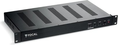 Focal 100 IWSUB8 siyah güç amplifikatörü, üstten görünümde 5 döner düğmeli ve 4 ışıklı ön panel