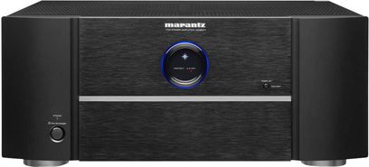 Amplificator de putere multi-canal Marantz MM8077 negru, vedere frontală, buton rotativ albastru luminos în centru, două butoane rotative negre pe părți laterale