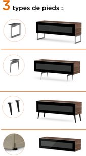 Meuble TV en bois foncé avec 3 types de pieds en métal noir : droits, en angle et en forme de U inversé
