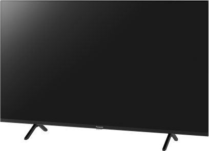 Panasonic TX-65LX800E fladskærms-TV, sort rektangulær fladskærm, set forfra, stående på to tynde sorte fødder