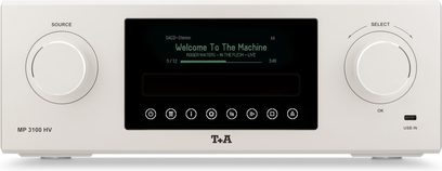 Sølvfarget T+A MP 3100 HV G3 nettverkslydspiller, sett forfra, med svart skjerm i midten og to store dreieknapper