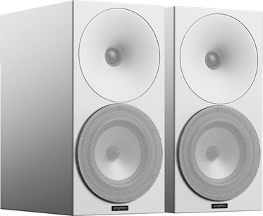 Dos altavoces de estantería Amphion Argon 3S blancos, vistos de frente, con altavoces circulares y rejillas metálicas