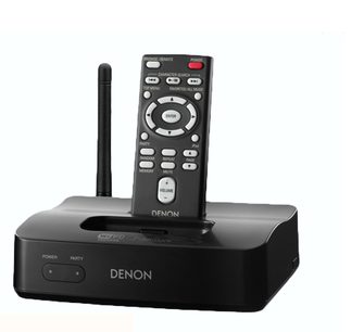Sort trådløs Denon-telefon med base, LCD-skærm, numerisk tastatur og kontrolknapper