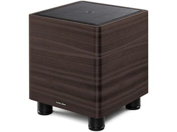 Subwoofer Sonus Faber Gravis I wengé, tříčtvrteční pohled, tmavě hnědá povrchová úprava a černé nožky