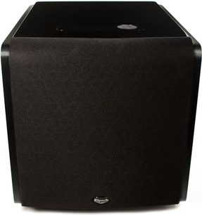 Klipsch XW-500D sort subwoofer, set forfra, kubisk form, sort gitter på forsiden