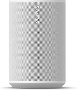 Biely inteligentný reproduktor Sonos Era 100 SL z predného pohľadu s veľkou kovovou perforovanou mriežkou a zvislým logom