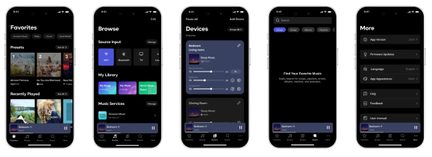 Montaj cu cinci ecrane ale aplicației de muzică pe iPhone în modul întunecat: favorite, navigare, dispozitive, căutare, setări