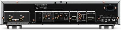 Marantz NA-8005 sort, netværksaudioafspiller, frontpanel med skærm, USB- og koaksialporte, kontrolknapper og drejeknap