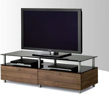 Træ-TV-møbel med to skuffer, sort glashylde til fladskærm, to sorte glashylder på siderne