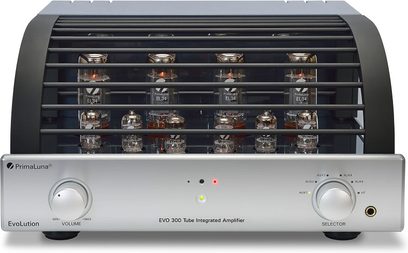 PrimaLuna Evo 300 sudraba integrētais lampu pastiprinātājs, skats no priekšpuses, 12 lampas 2 rindās, priekšpusē izvēles slēdzis un pogas
