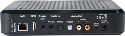Russound MBX-PRE sort netværksaudioafspiller, bagside, audio- og netværksporte og -stik, nærbillede