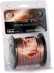 „Norstone Classic 250" garsiakalbio kabelis 10 metrų ritinyje, skerspjūvio plotas 2 x 2,5 mm², ypač mažas varža 0,0075 Ω/m