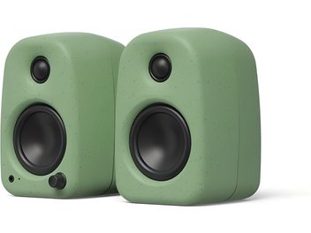Pair of Kanto UKI matte green speakers with a speckled rounded front panel and black drivers