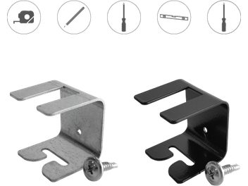 Akoestisch accessoire FixArt Tube Lock Artnovion, geëxplodeerde weergave van 5 metalen onderdelen: 2 L-vormige beugels, 2 cilindrische uiteinden, 1 draadstang