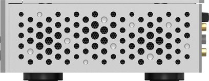 Сребрист алуминиев аудио мрежов плеър Matrix Audio TS-1, страничен изглед отдясно, показващ голяма перфорирана кръгла вентилационна решетка, две черни цилиндрични крачета и частично видими позлатени RCA конектори
