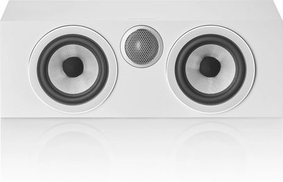 Bowers & Wilkins HTM72 S3 middenluidspreker in satijnwit, vooraanzicht, twee ronde luidsprekers, centraal hexagonaal metalen rooster