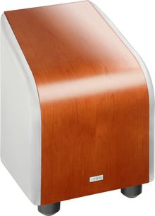 Mørkt træ Infinity Cascade Twelve subwoofer, set fra en trekvart forvinkel, fronten vippet bagud