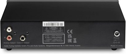 Lettore CD hi-fi Pro-Ject CD Box E nero, vista posteriore, connettori RCA sinistro e destro, uscita coassiale, presa di alimentazione 12V