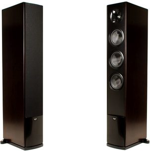 Klipsch Icon WF-35 sort gulvhøjttaler, set forfra, med 3 runde højttalere synlige bag en sort gitterbeklædning