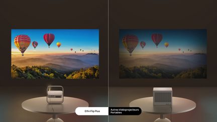 Comparison of portable projector Elfin Flip Plus bright vs dark model, hot air balloon scene over landscape