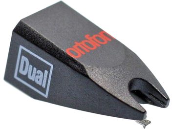 Ortofon STYLUS DUAL DN 165 E plak çalar elması, perspektif görünüm, siyah gövde, kırmızı ve beyaz yazılar