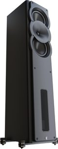 Matte black Perlisten A3t floorstanding speaker, two drivers with central waveguide, metal grille at the bottom, 3/4 view