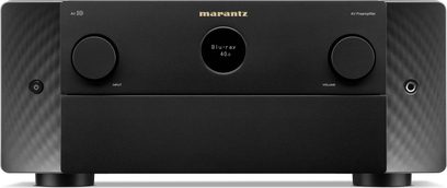 Marantz AV 10 black home theater preamp, front panel, blue screen, large metal rotary knobs, perforated grilles