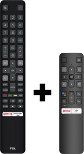 To sorte TCL-fjernbetjeninger, den ene større end den anden, med grå og røde knapper og Netflix-logo