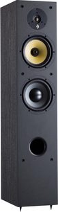 Højttalerkolonne Davis Acoustics Ariane 5 i sort træ, set i trekvarts vinkel, med diskant, gul mellemtoner, bas og frontport