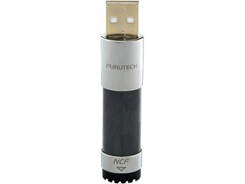 Furutech Clear-Line NCF USB svart och silverfärgat störningsfilter med guldpläterad USB-A-kontakt, framifrån