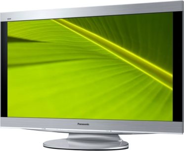 Panasonic TX-P46Z11 LCD-tv set forfra, fladskærm der viser grønne linjer på sort baggrund, sølvfarvet cirkulær fod