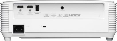 Optoma HD30LV hvid plastikvideoprojektor, bagside, 2 HDMI, USB, lydudgang, strømstik, sidegitter